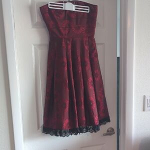 Kay Unger Red Strapless Dress with Black Lace Trim